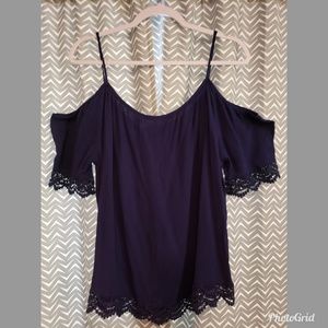 Navy Blue Cold Shoulder Top with Lace Detail